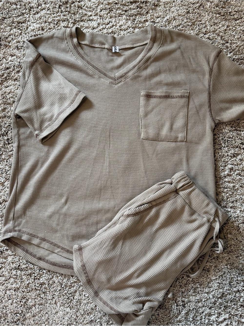 Waffle Knit V-Neck Lounge Set - Taupe
